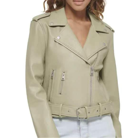NWT Levi’s Faux Leather Belted Moto Jacket - Sage Green Size S - Picture 16 of 16